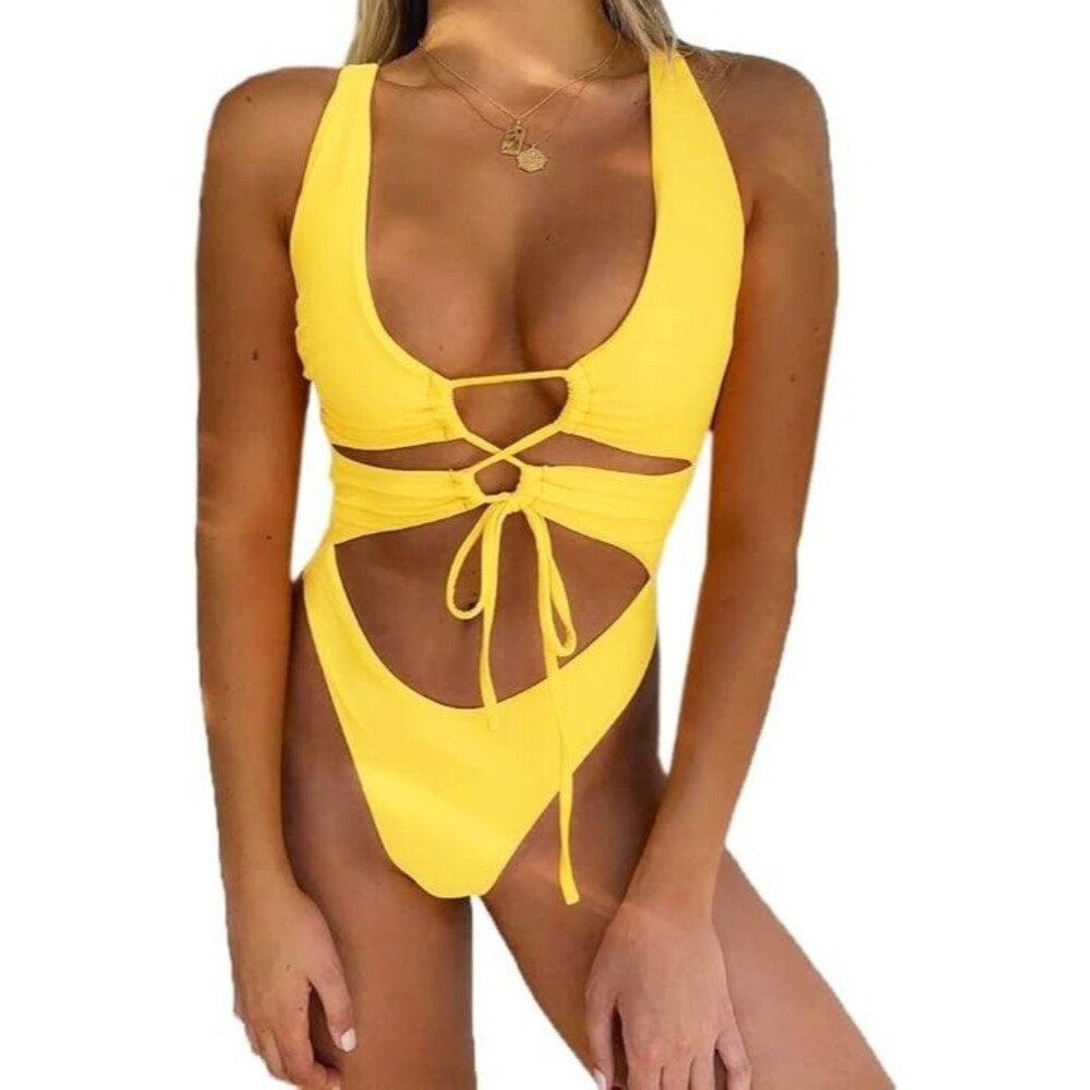 Chyrii Cutout Lace-Up Backless High Cut One Piece Swimsuit Yellow Women's Small